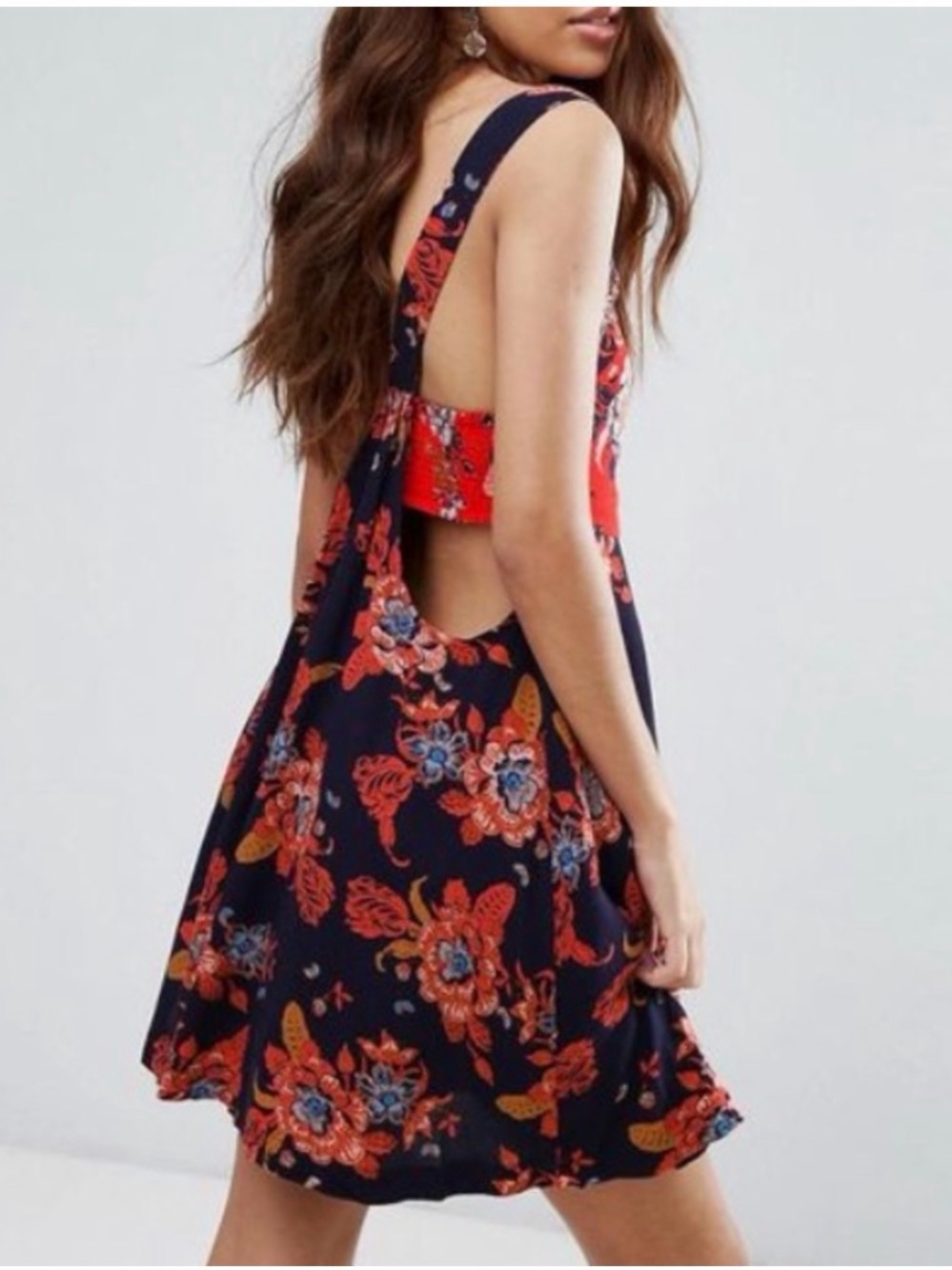 Free People Navy & Coral Floral Cutout Mini Dress - Picture 2 of 6